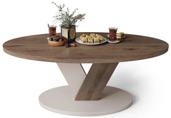 ЛОВА Елегантен Орех/Бежово Таупе - ОВАЛНА ХОЛНА МАСА 110x60 cm МОДЕРНА МАСА ЗА КАФЕ