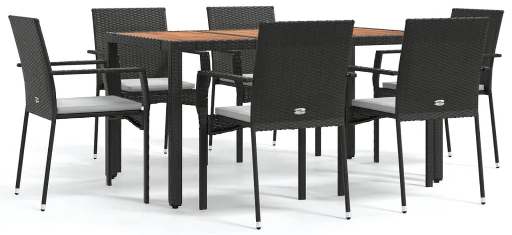 3184990 vidaXL Градински трапезен комплект 7 части възглавници черен полиратан