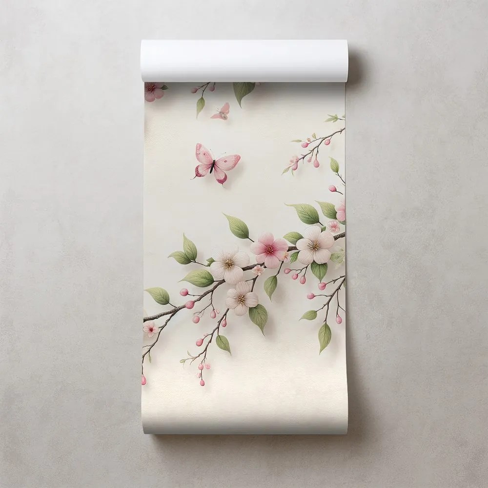 Фототапет – Нежни розови цветя и пеперуди