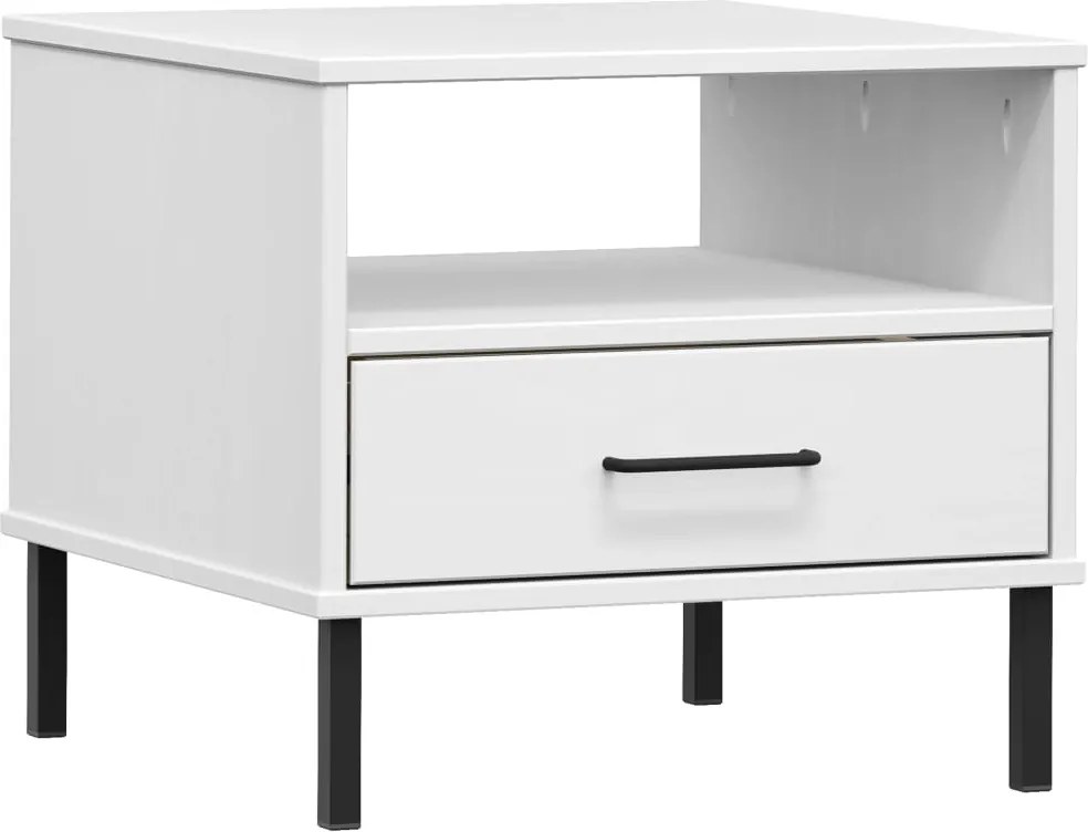 351032 vidaXL Нощна масичка с метални крака бяла бор масив OSLO