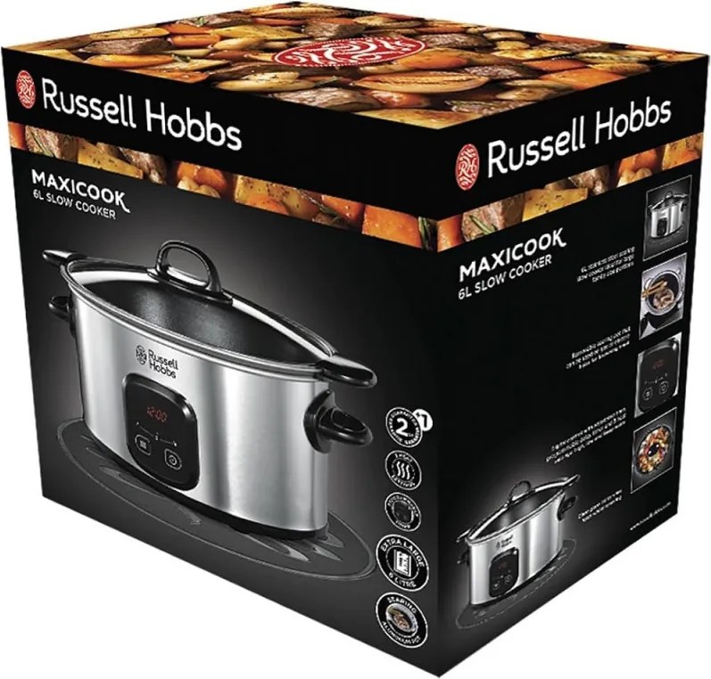 Уред за бавно готвене Russell Hobbs MaxiCook 22750-56, 200 W, 6 l, 3 температурни настройки, Таймер, Подвижна тенджера, Сребрист/черен
