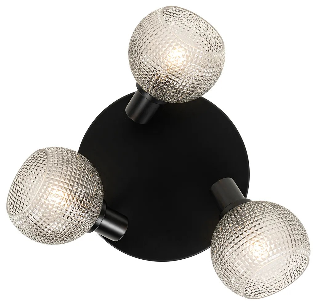 Дизайнерски прожектор черен с опушено стъкло 3-светлина кръгъл - Chico