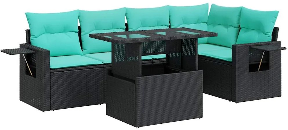 3326478 vidaXL Градински диван с възглавници, 6 части, черен полиратан, акация