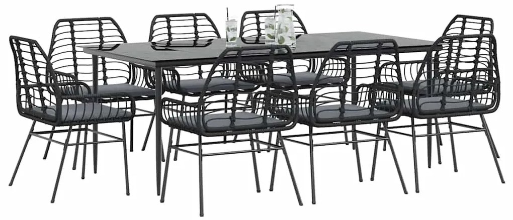 3334456 vidaXL Градински комплект 9 части с възглавници черен полиратан стъкло