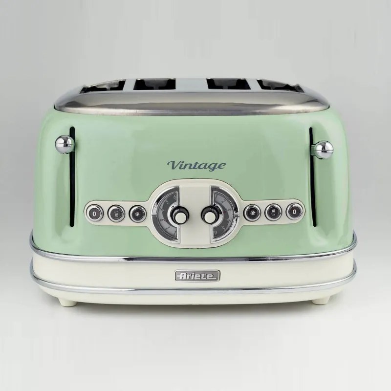 Тостер за хляб Ariete VINTAGE 0156/04, 1600W, 4 филии, 3 функции, 6 степени, Подвижна тава за трохи, Зелен
