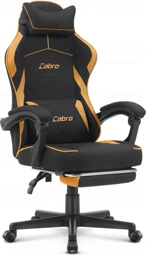 CABRO C502 геймърски стол от плат с подложка за крака, до 150 кг, черен и оранжев