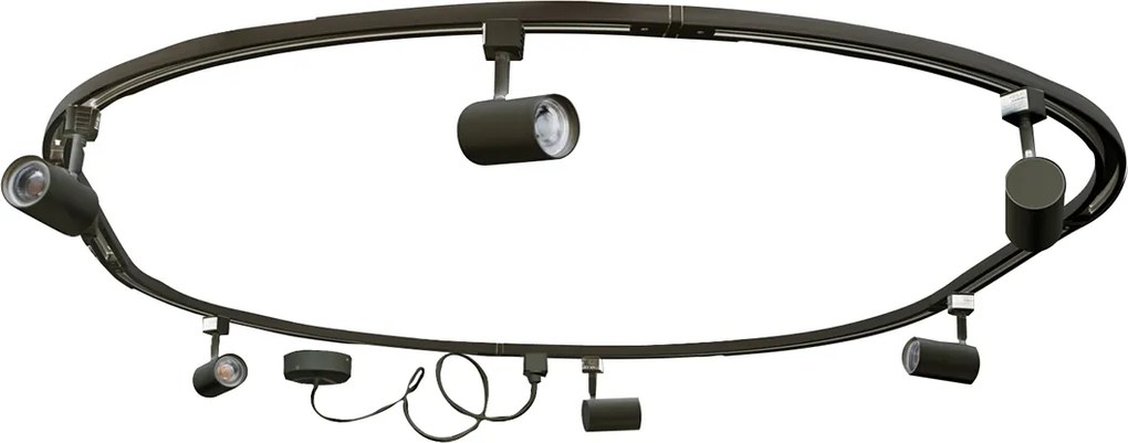 Модерна релсова система за осветление с 6 черни прожектора, 1-фазна, овална 100см - Iconic Jeana