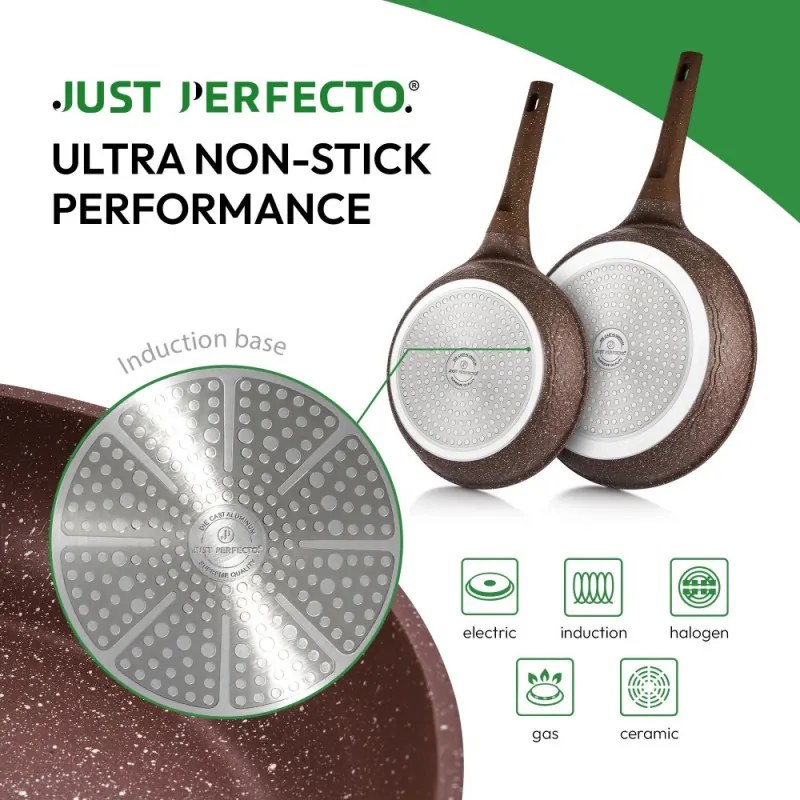 Комплект тенджери и тигани Just Perfecto JL-26, 14 ч, Отливка, Мраморно покритие, Индукция, Съд за готвене на пара, Аксесоари, Кафяв