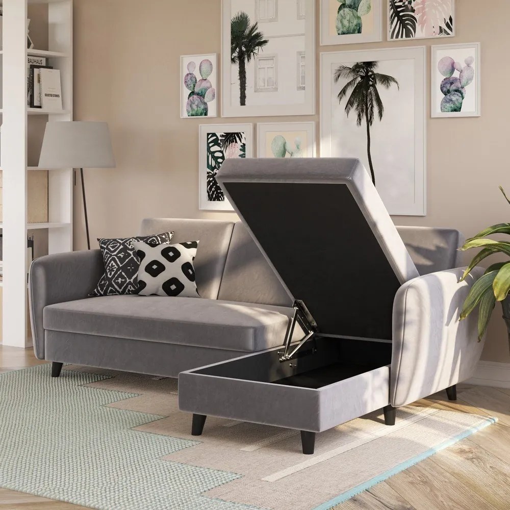 Сив кадифен сгъваем ъглов диван Perry – Støraa