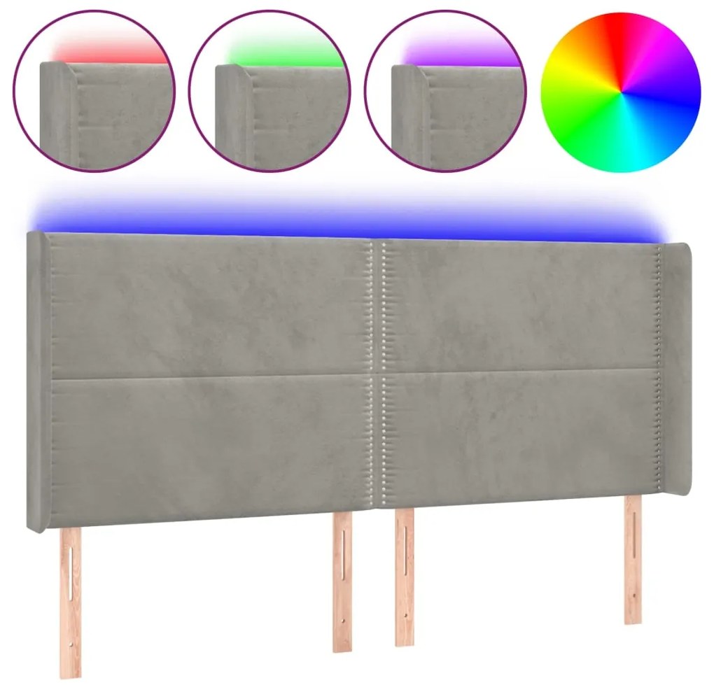 3123968 vidaXL LED горна табла за легло, светлосива, 183x16x118/128 см, кадифе