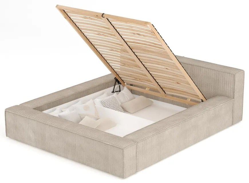 Бежово двойно легло 200x200 cm тапицирано с място за съхранение с включена подматрачна рамка Voliera – Maison de Rêve