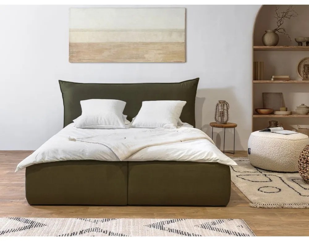 Тъмнозелено двойно легло 180x200 cm тапицирано с място за съхранение с включена подматрачна рамка Jade – Bobochic Paris