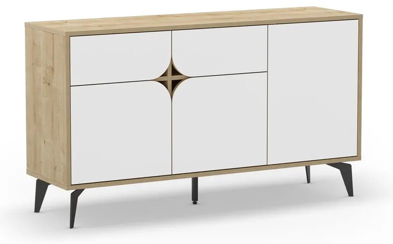 Нисък скрин с дъбов декор в бял и естествен цвят 140x79 cm Nola - Marckeric