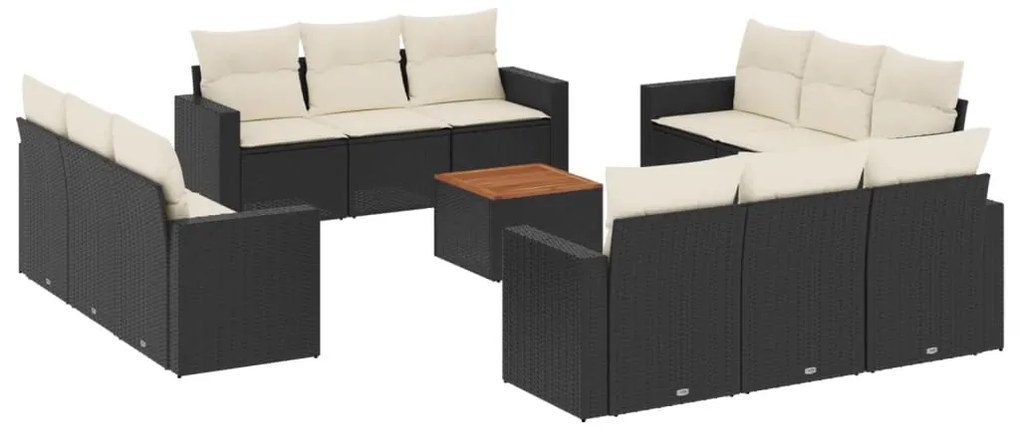 3256385 vidaXL Градински диван с възглавници, 13 части, черен, полиратан