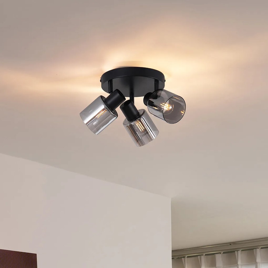 Модерна таванна лампа черна с кръгло димно стъкло 3-светлинна - Cilin