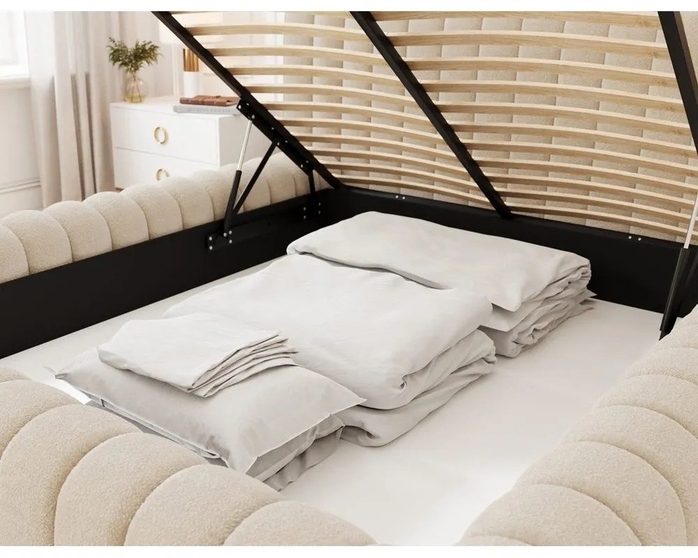 Бежово двойно тапицирано легло с място за съхранение и включена подматрачна рамка 160x200 cm Carilla – ELTAP