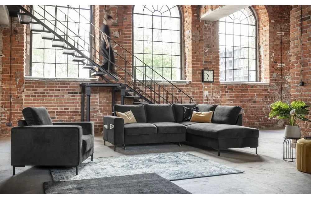 Тъмносив кадифен разтегателен ъглов диван (десен ъгъл) Lofty Lilly – Miuform