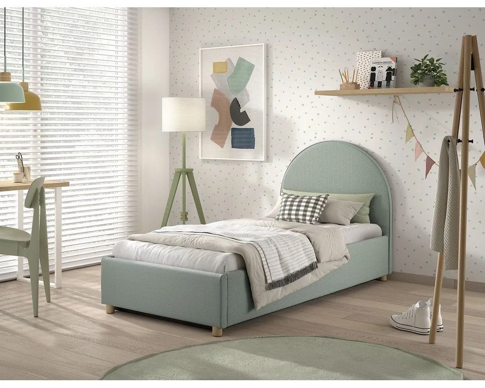 Зелено тапицирано единично легло с място за съхранение с включена подматрачна рамка 90x200 cm Moon – Vipack