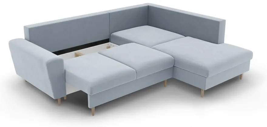 Светлосин кадифен разтегателен ъглов диван с място за съхранение (десен ъгъл/L форма) Kyoto – Cosmopolitan Design