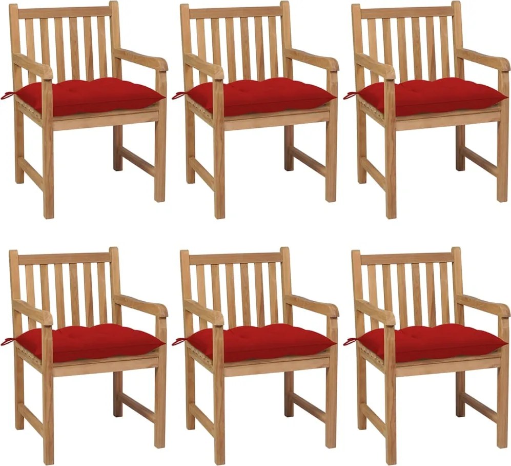3073052 vidaXL Градински столове, 6 бр, червени възглавници, тик масив