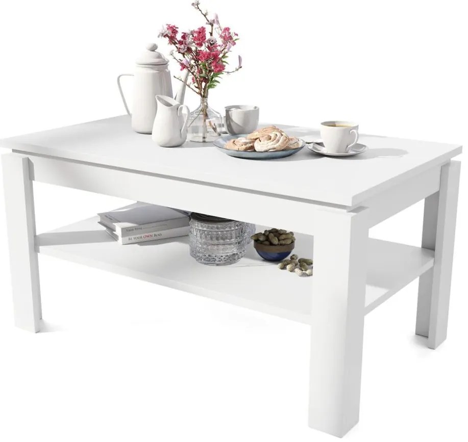 Разтегателна холна маса с повдигаща се плоскост и рафт ADEN бяла