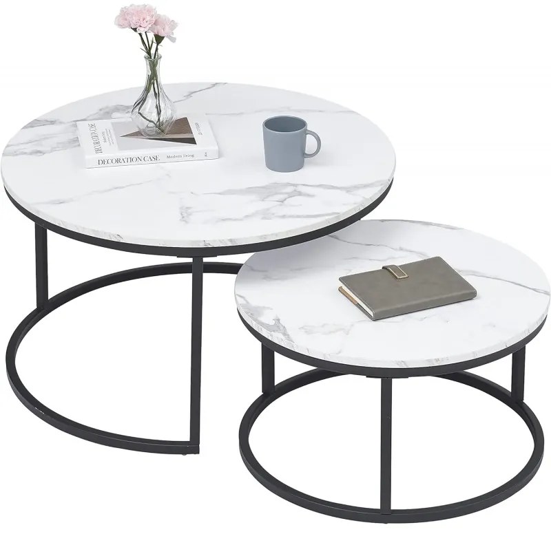 Комплект от 2 кръгли масички за кафе - бял мрамор