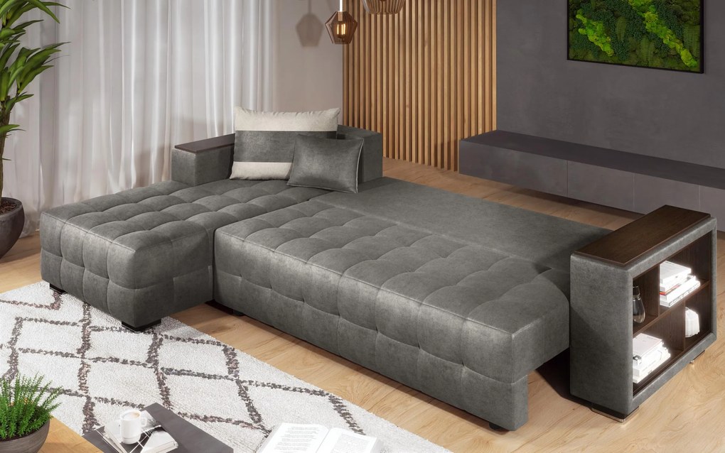 Разтегателен ъглов диван с подлакътник етажерка Мелвин