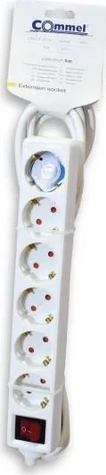 COMMEL Разклонител с копче БЯЛ 6x2P+E с кабел 5 метра / 1.5mm2  - C0839