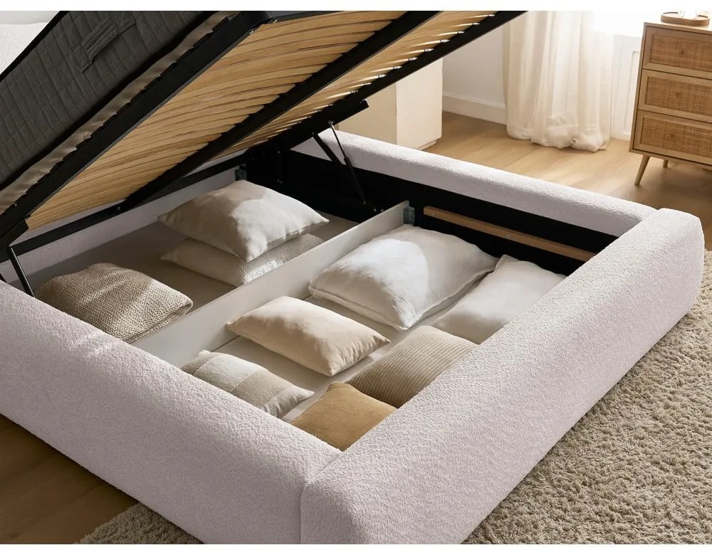 Бяло тапицирано двойно легло с място за съхранение с включена подматрачна рамка 180x200 cm Orlane – Bobochic Paris