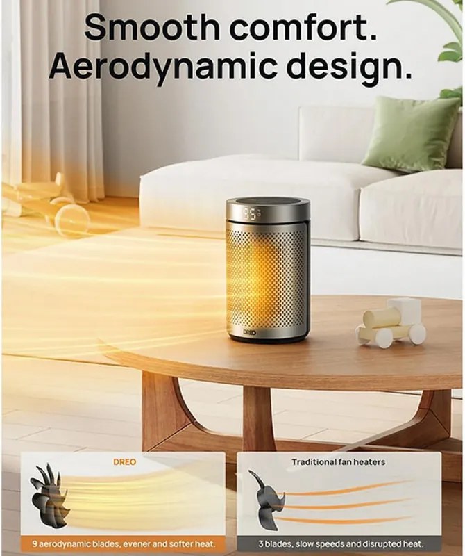 Вентилаторна печка DREO Atom 416, 1500 W, До 20 м2, 5 режима, HeatShield360, Таймер, Сив/Черен