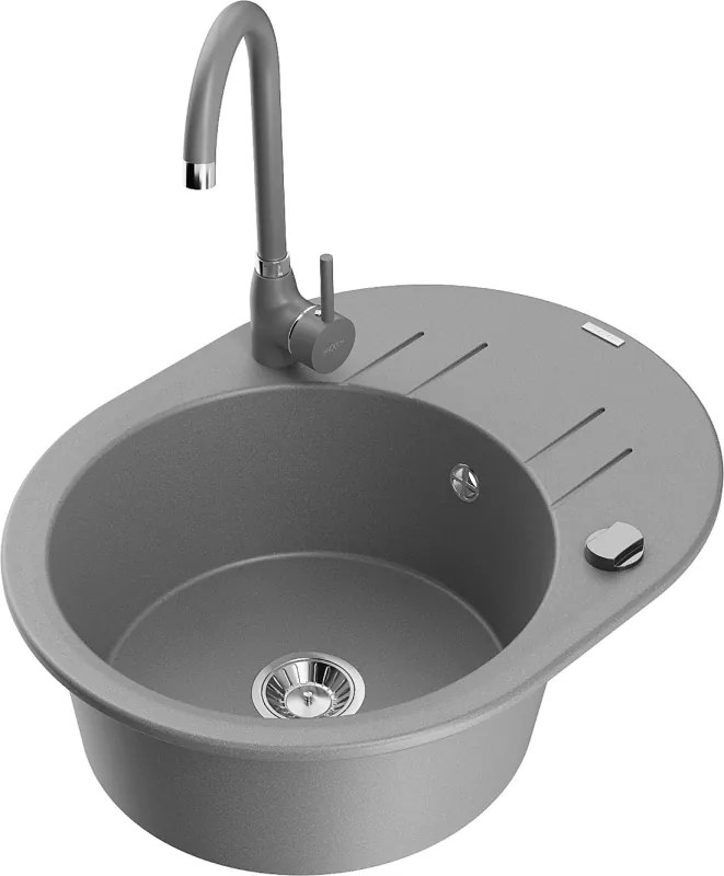 Mexen Kevin гранитна мивка с 1 отделение с отцедник и кухненски смесител Telma, сив - 6517-71-670200-71