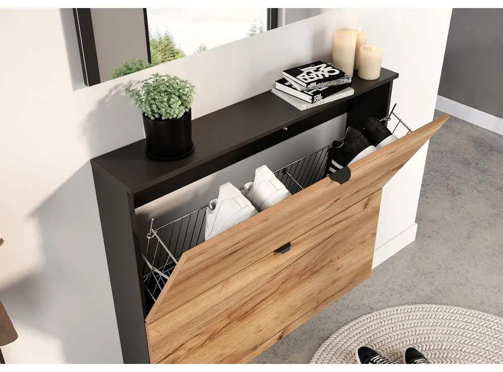 Накланяща се висяща стойка за обувки от декор от дъб в антрацитен и естествен цвят 100x85x19 cm Renell – Germania