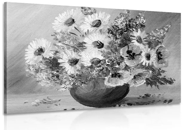 Картина на платно – Маслена живопис на летни цветя в черно-бяло изпълнение