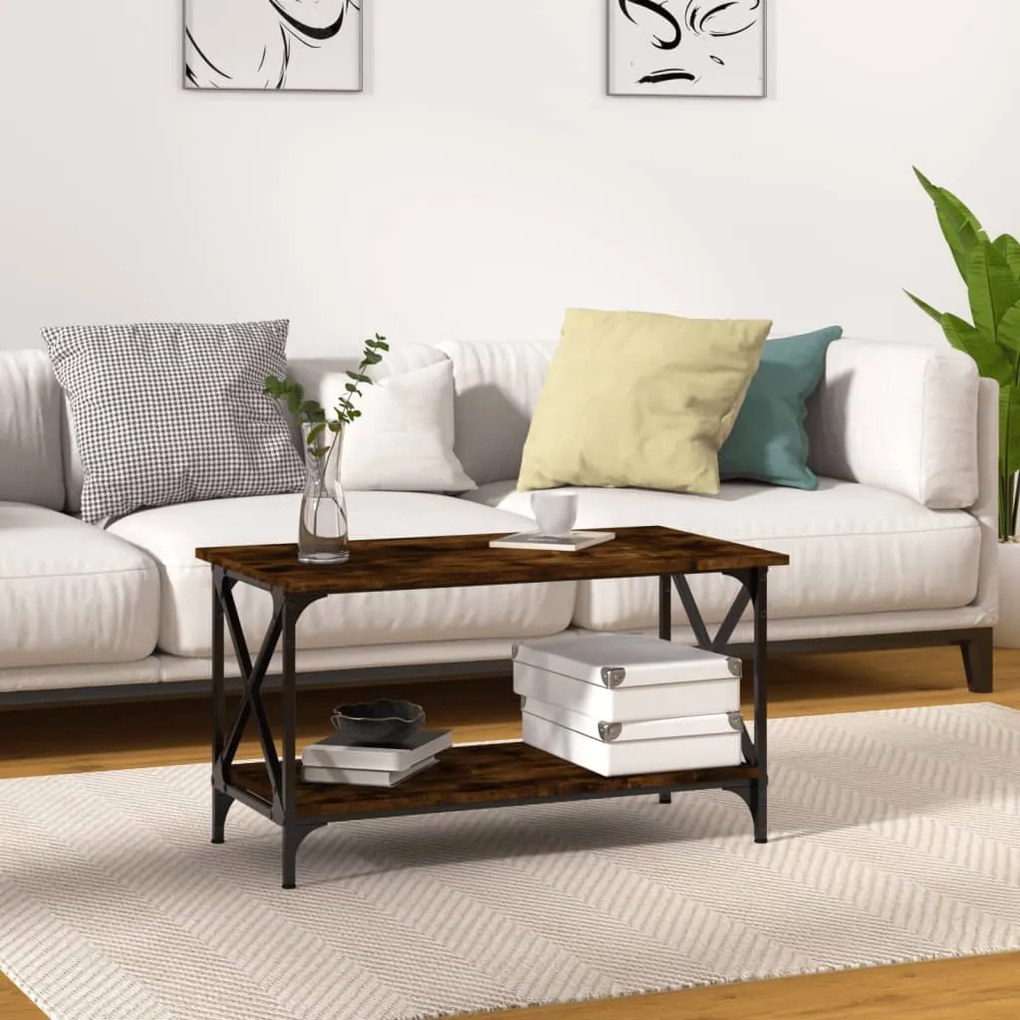 823324 vidaXL Маса за кафе, опушен дъб, 80x45x45 см, инженерно дърво и желязо