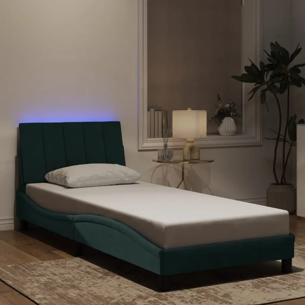 3213748 vidaXL Рамка за легло с LED осветление, тъмнозелена, 80x200 см, кадифе