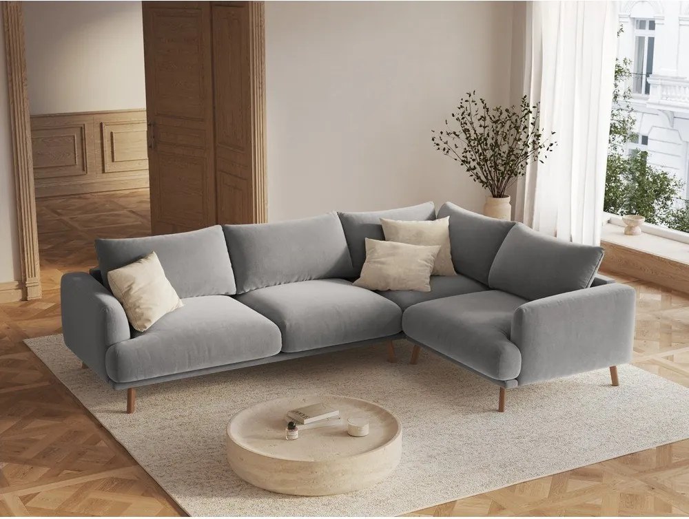Сив кадифен ъглов диван (десен ъгъл/L форма) Naomi – Micadoni