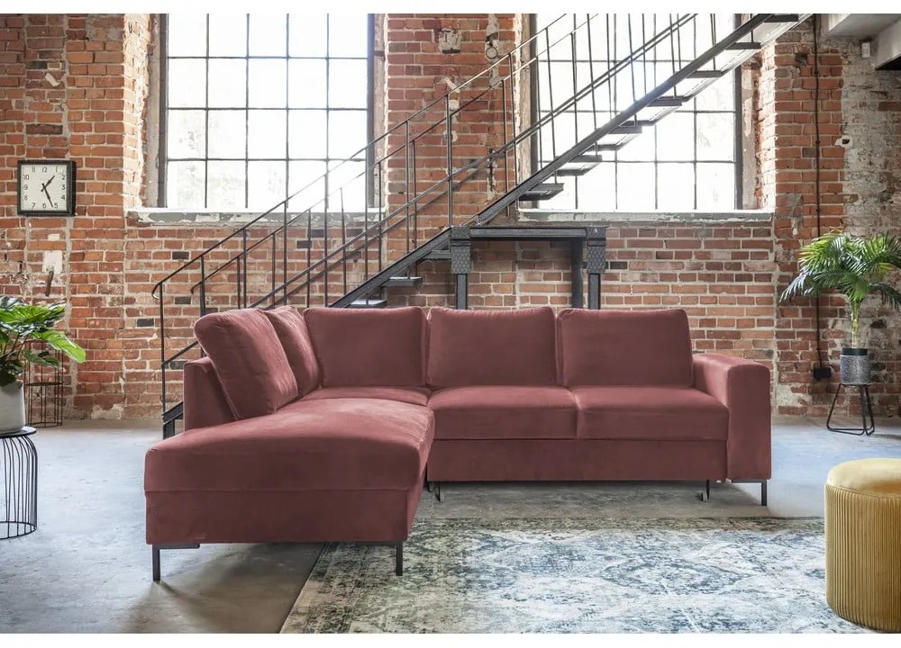 Розов кадифен разтегателен ъглов диван (ляв ъгъл) Lofty Lilly – Miuform