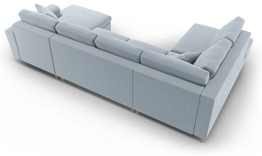 Светлосин кадифен разтегателен ъглов диван с място за съхранение (ляв ъгъл/U форма) Kyoto – Cosmopolitan Design