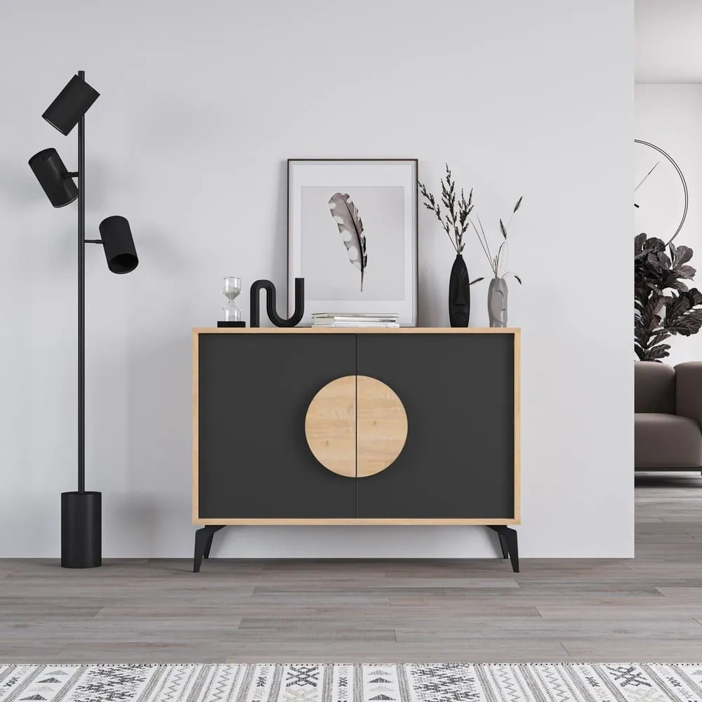 Нисък скрин с дъбов декор в черно-натурален цвят 110x82 cm Vae - Marckeric