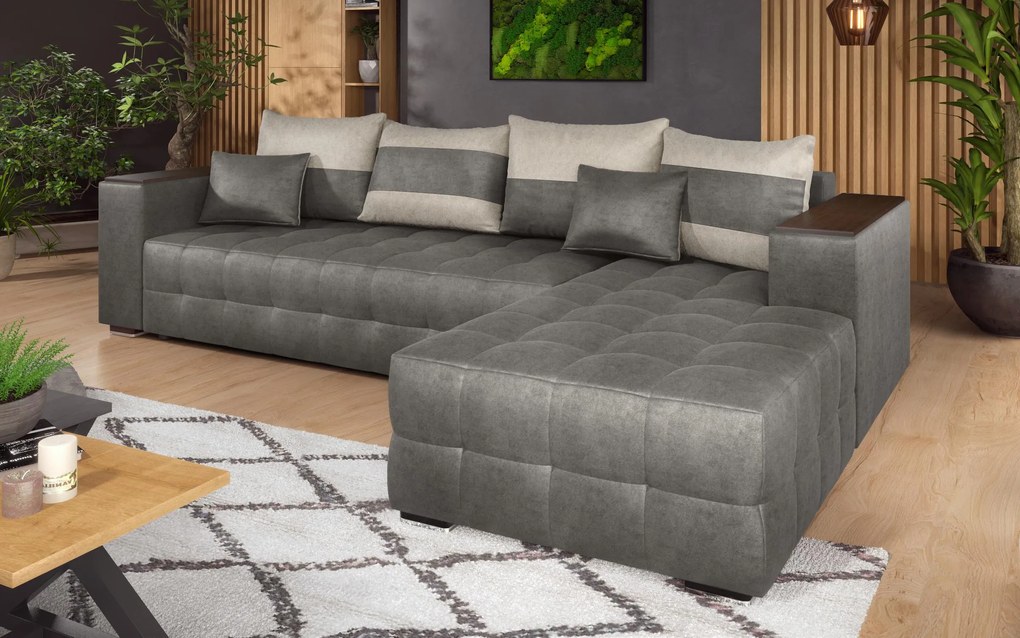 Разтегателен ъглов диван с подлакътник етажерка Мелвин