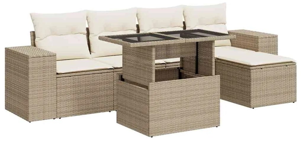 3326779 vidaXL Градински диван с възглавници, 6 части, бежов полиратан