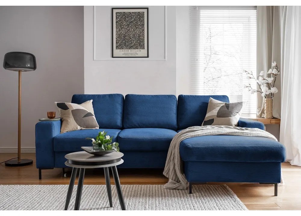 Тъмносин разтегателен ъглов диван от рипсено кадифе (десен ъгъл) Lofty Lilly – Miuform