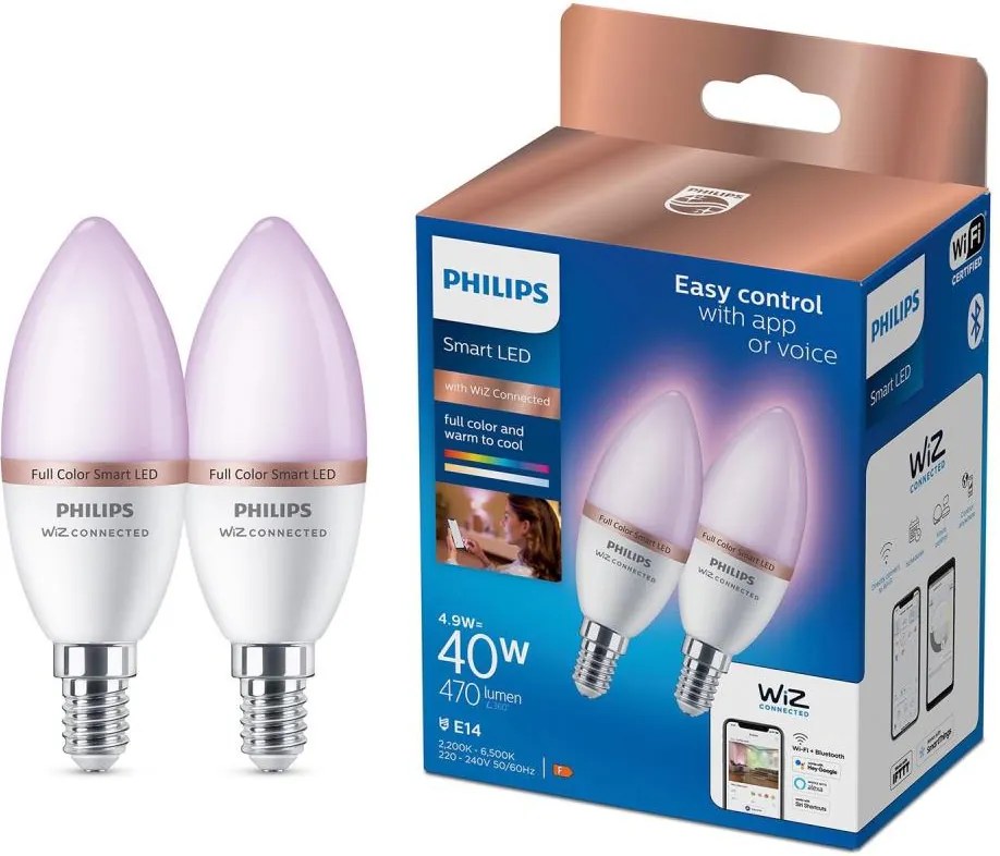 Комплект от 2 LED RGB димируеми крушки Philips SMART C37 E14/4,9W/230V 2200-6500K