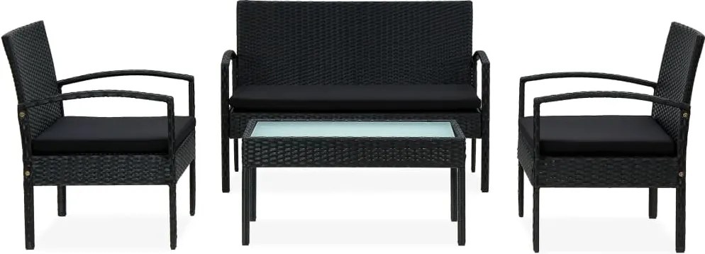 45788 vidaXL Градински комплект с възглавници, 4 части, полиратан, черен