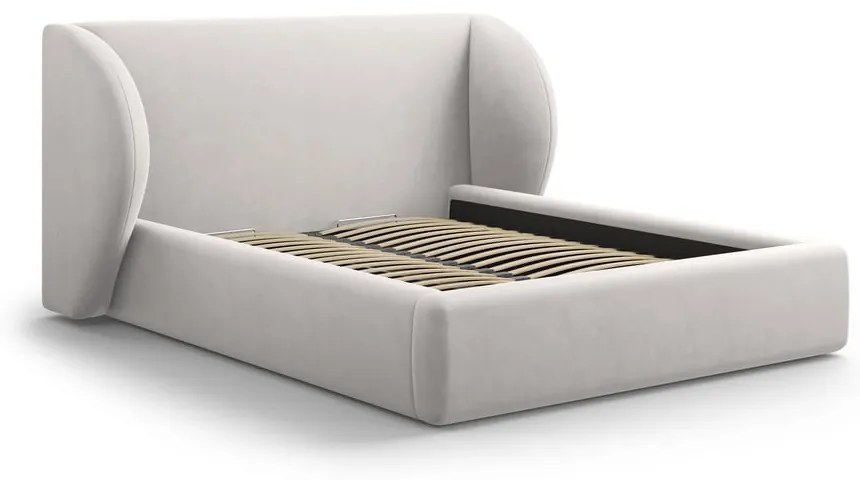 Светлосиво тапицирано двойно легло с място за съхранение с решетка 180x200 cm Miley - Micadoni Home