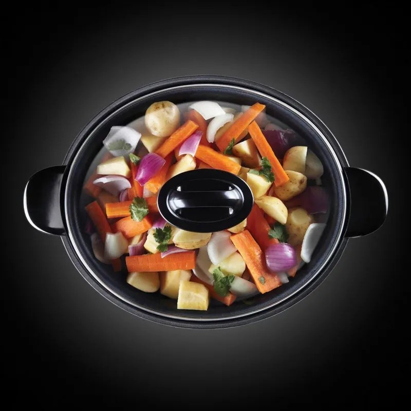 Уред за бавно готвене Russell Hobbs MaxiCook 22750-56, 200 W, 6 l, 3 температурни настройки, Таймер, Подвижна тенджера, Сребрист/черен