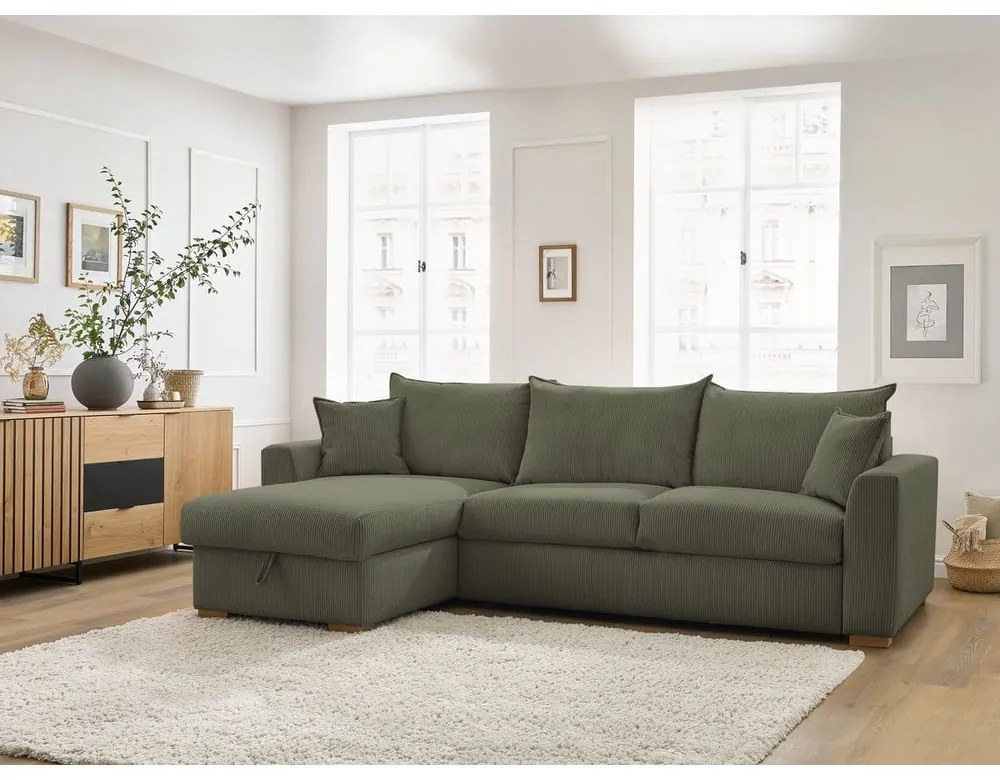 Зелен разтегателен ъглов диван от рипсено кадифе (променлив) Augustin – Bobochic Paris