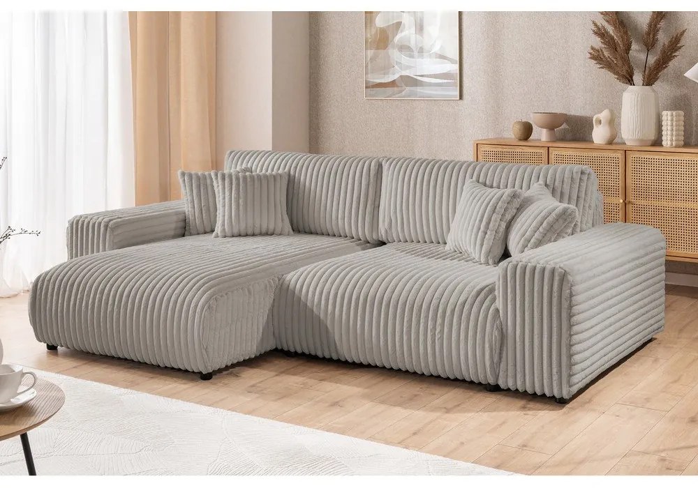 Светлосив разтегателен ъглов диван от рипсено кадифе с място за съхранение (ляв ъгъл) Sarina – Ropez