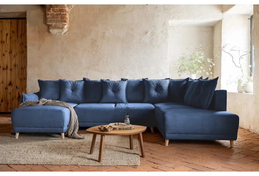 Тъмносин ъглов разтегателен диван от велур (десен ъгъл/U-образна форма) Lazy Lukka - Miuform