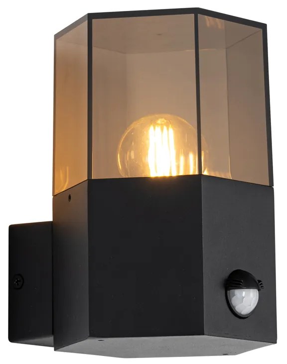 Външна стенна лампа черна с опушено стъкло шестоъгълник и сензор за движение - Denmark